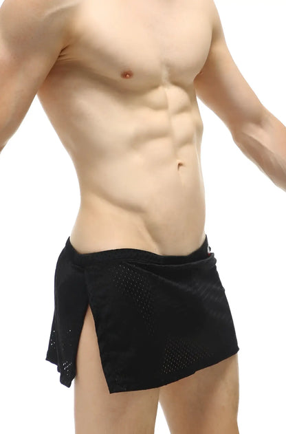 Loincth cloth bee black mesh athletic shorts with side slit and elastic waistband featuring a jockstrap