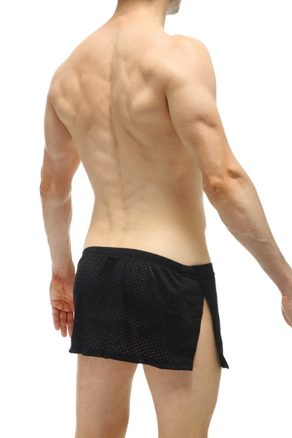 Black mesh loincloth bee athletic shorts with side slit and jockstrap for breathable activewear use