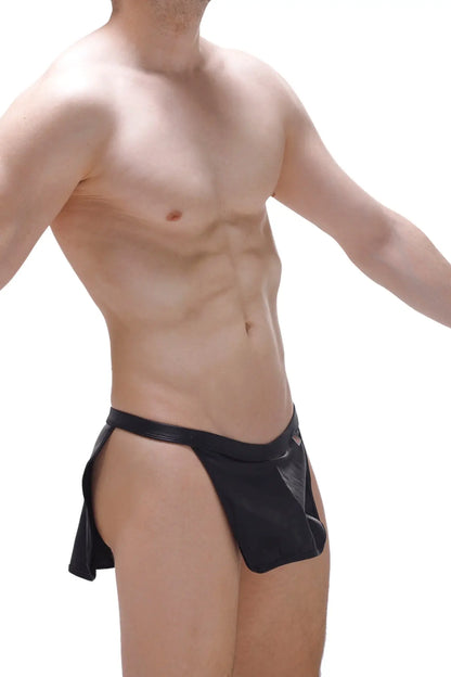 Black faux leather thong loincloth wet with side slit and small triangular flap at the front with g-string detail
