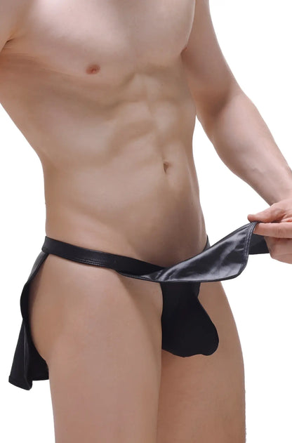 Black satin-like loincloth wet black briefs with g-string, sleek and form-fitting design visible from the back