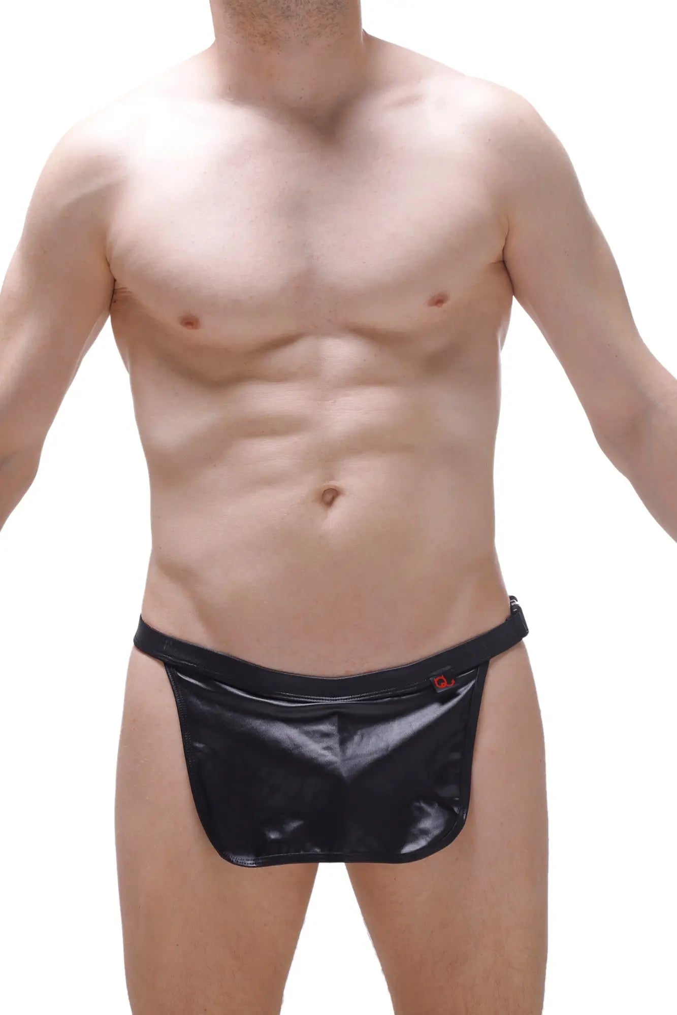 Black shiny latex loincloth wet briefs with g-string and red logo on the waistband front view