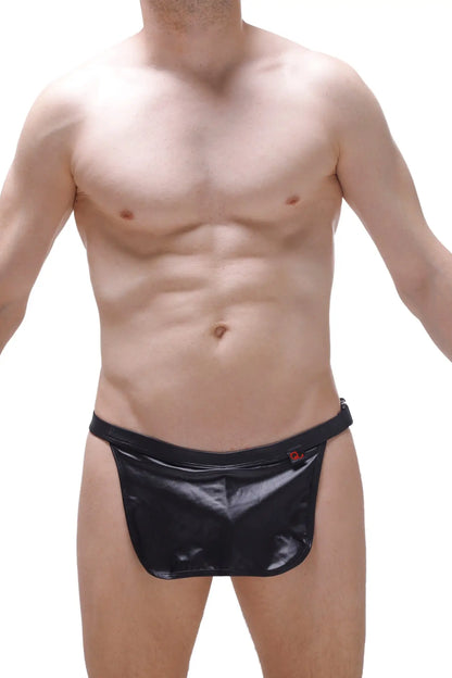 Black shiny latex loincloth wet briefs with g-string and red logo on the waistband front view