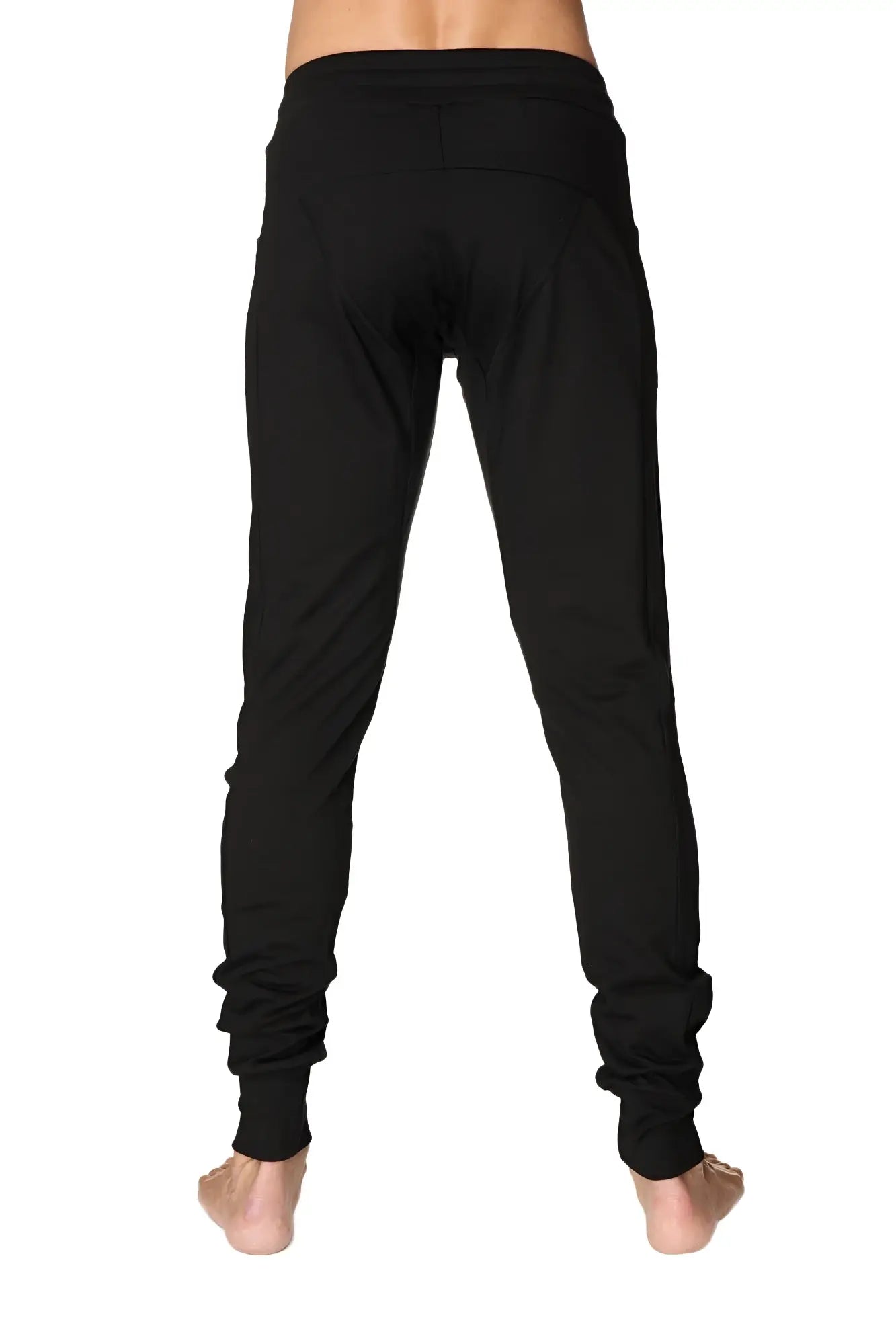 Black long cuffed jogger and yoga sweat pants with slim fit, elastic cuffs, and comfortable waistband
