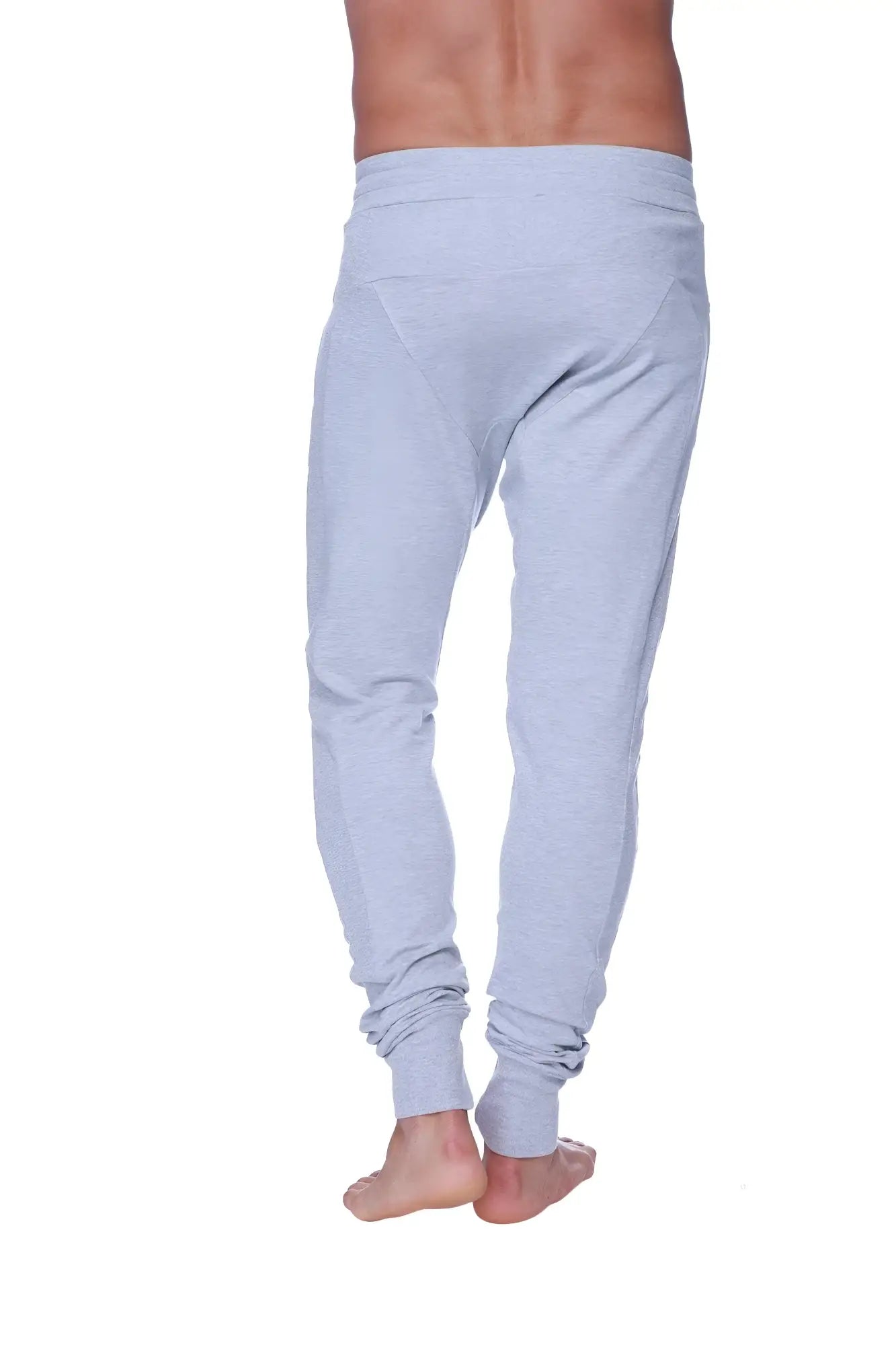 Light gray heathered long cuffed jogger and yoga sweat pants with relaxed fit and cuffed ankles
