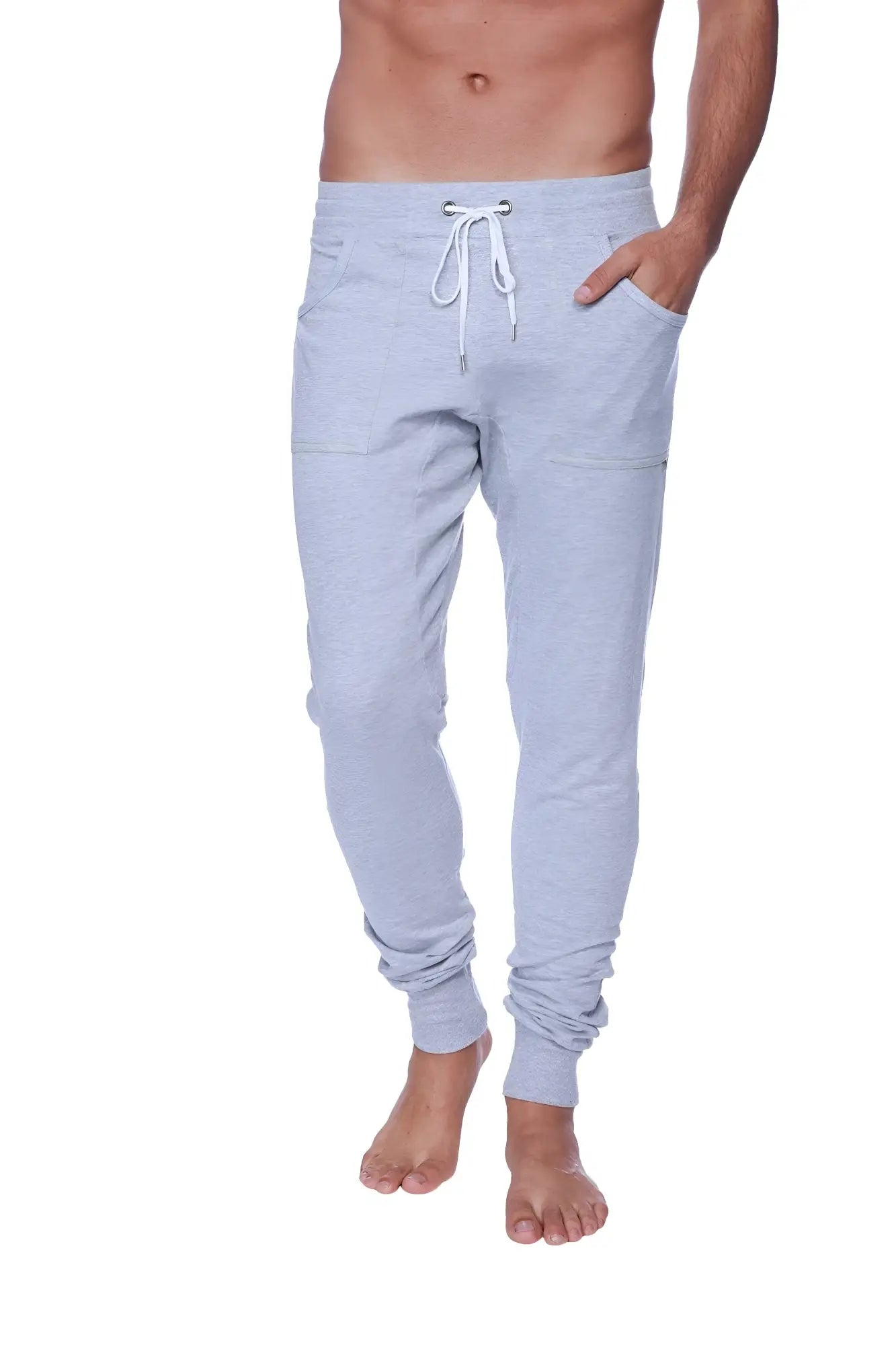 Long cuffed jogger and yoga sweat pants in light gray heathered fabric with white drawstring waistband and side pockets