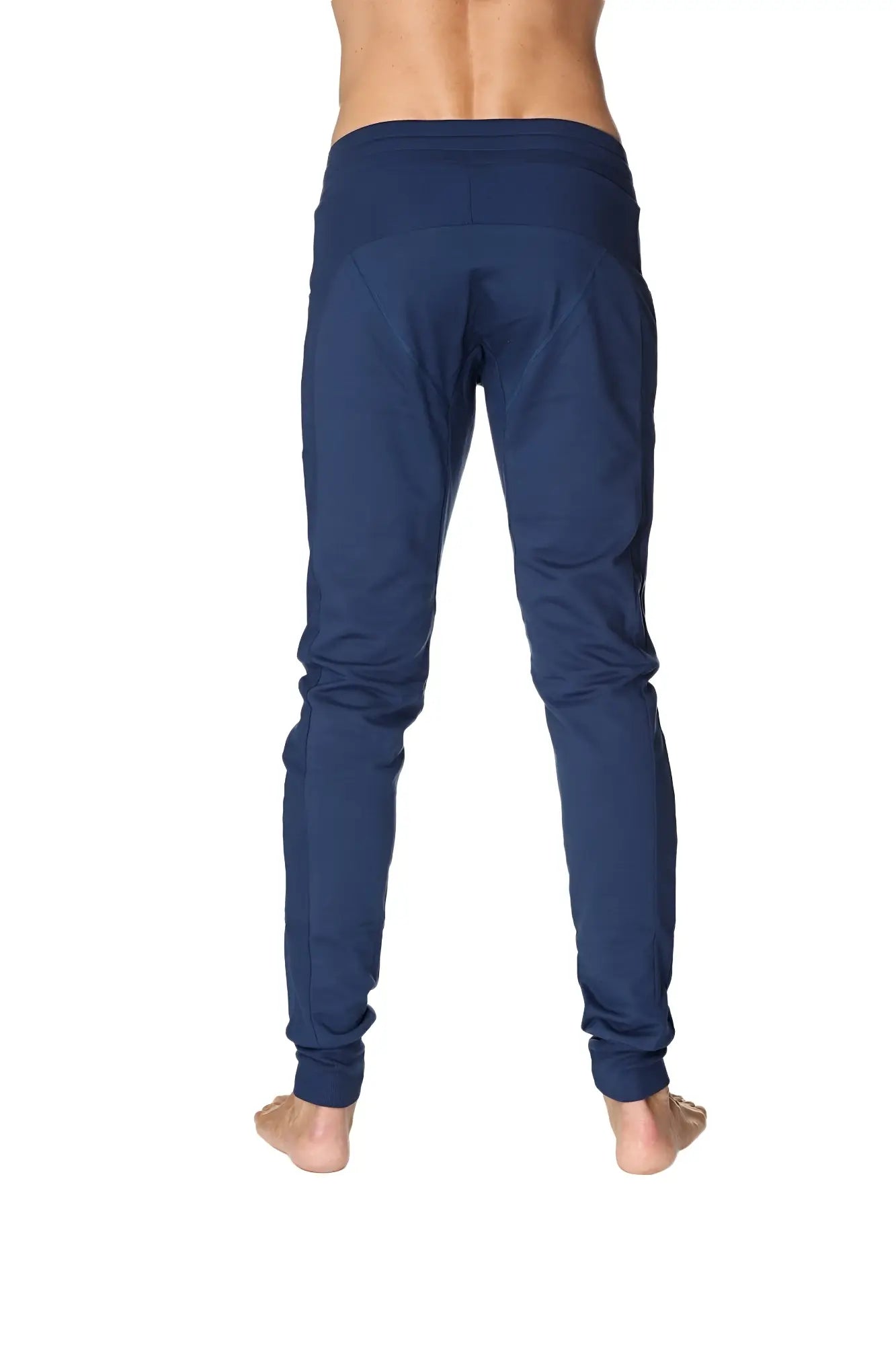 Long cuffed jogger and yoga sweat pants in navy blue with elastic cuffs and a comfortable stretchy waistband