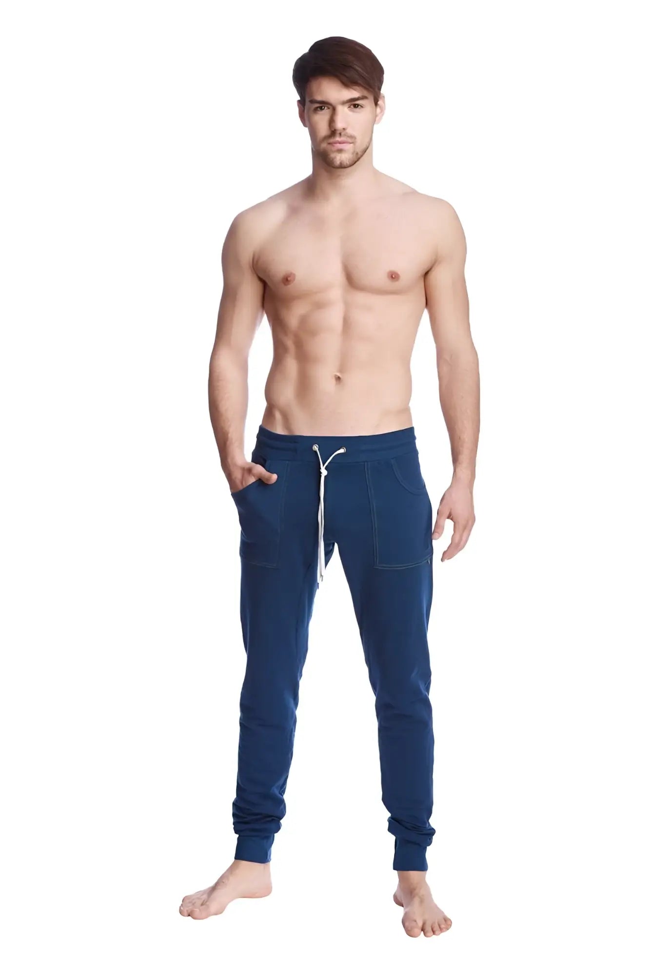 Navy blue long cuffed jogger and yoga sweat pants with white drawstring and side pockets for comfortable wear