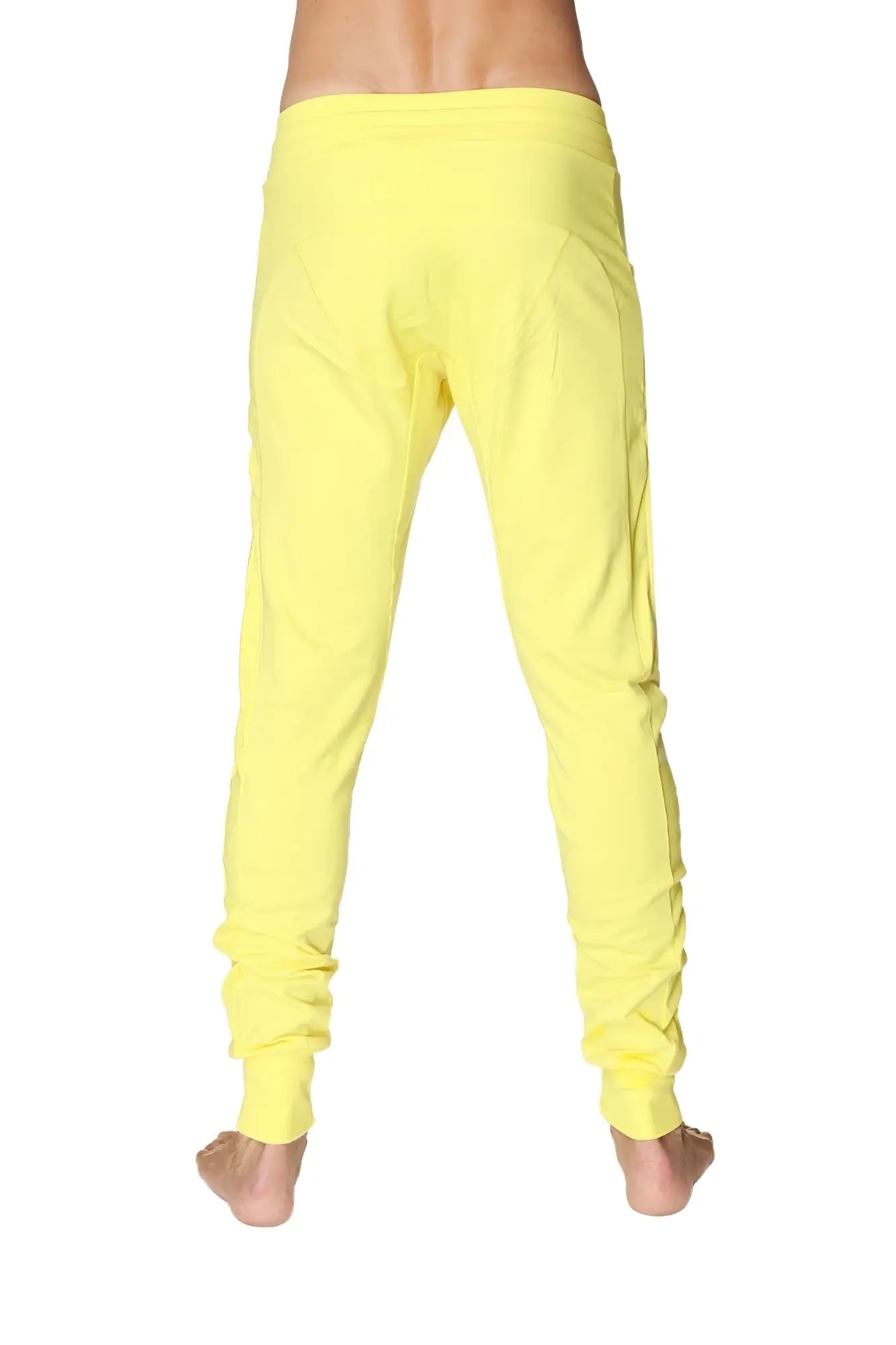 Long cuffed jogger and yoga sweat pants in bright tropic yellow with soft fabric and ruched cuffs for a relaxed fit