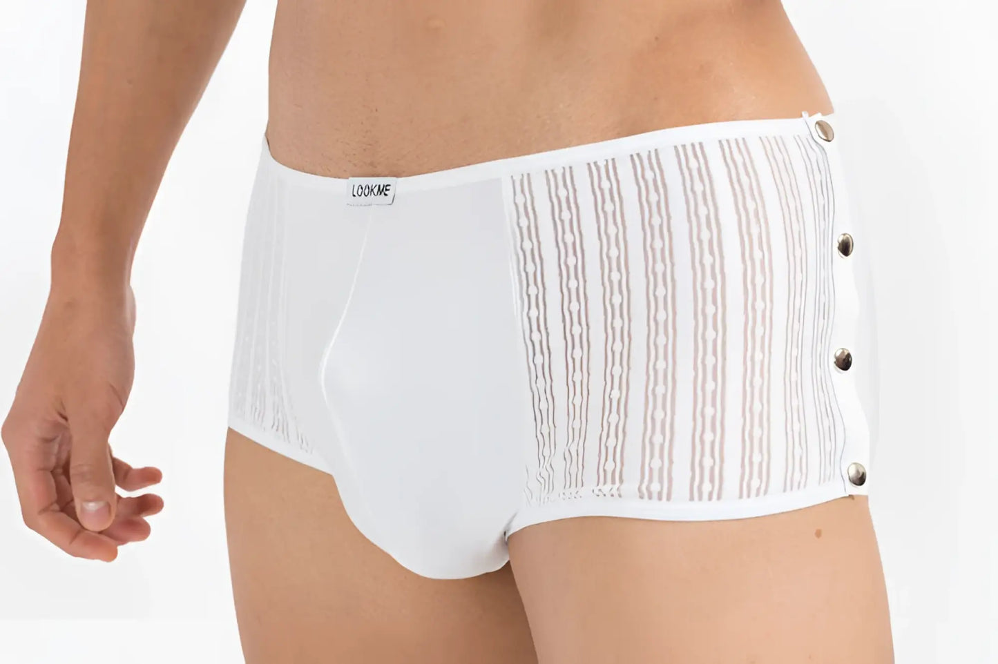 White lookme agent double 1 mini pants boxer briefs with sheer striped side panels and silver button closures size m