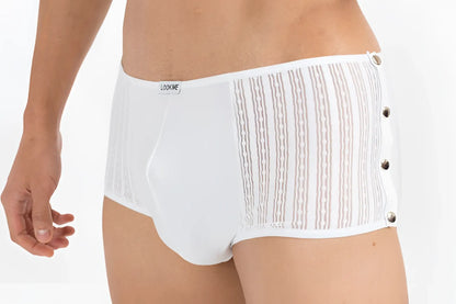 White lookme agent double 1 mini pants boxer briefs with sheer striped side panels and silver button closures size m
