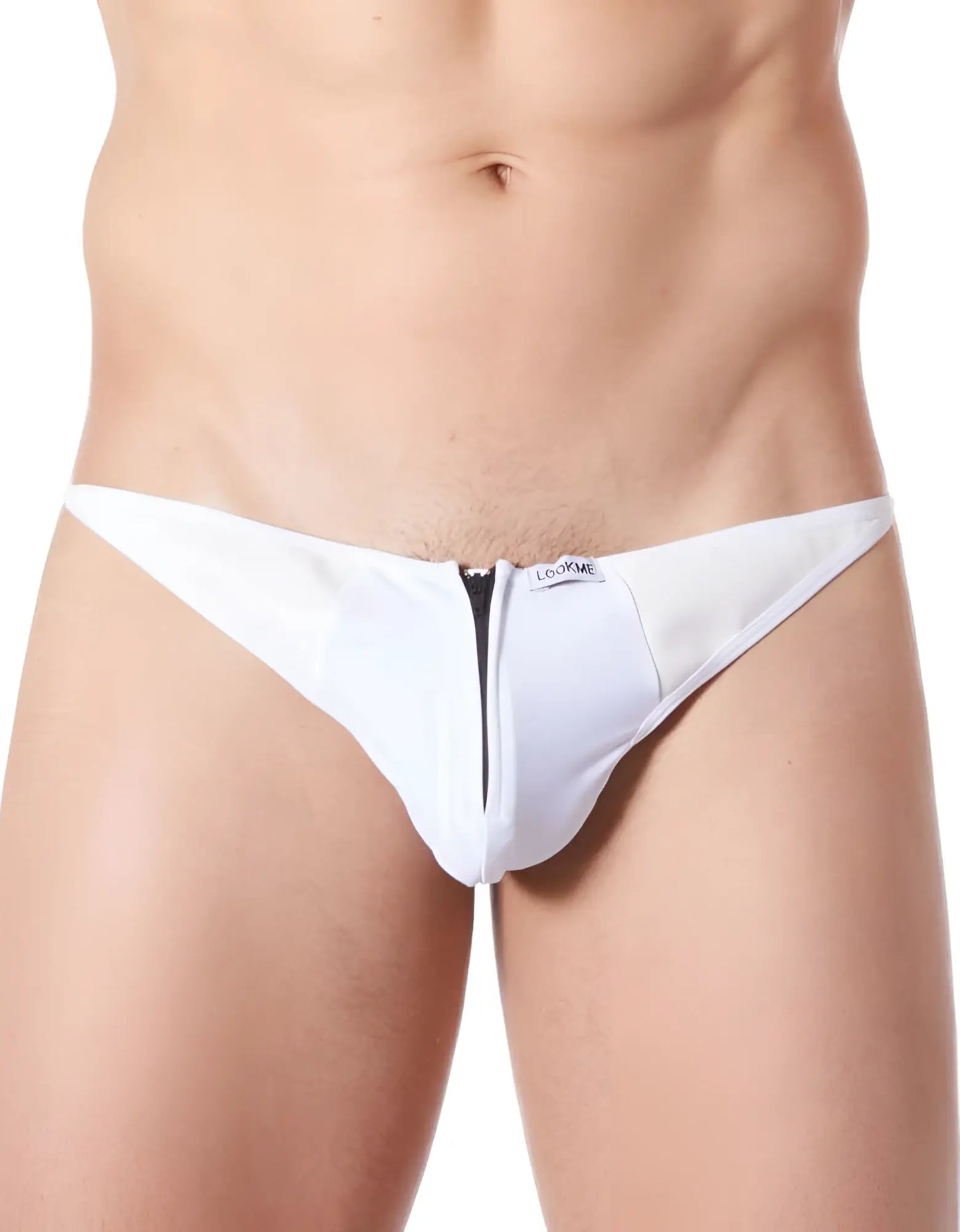White men’s mesh thong underwear with black zipper closure and lookme branding on waistband size s back side view