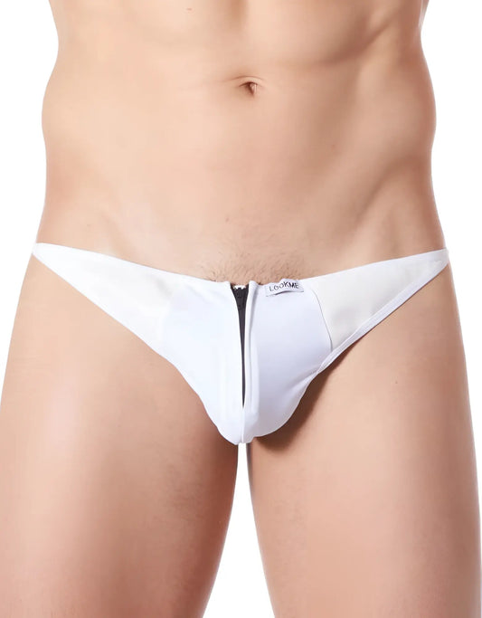 White men’s mesh thong underwear with black zipper closure and lookme branding on waistband size s back side view