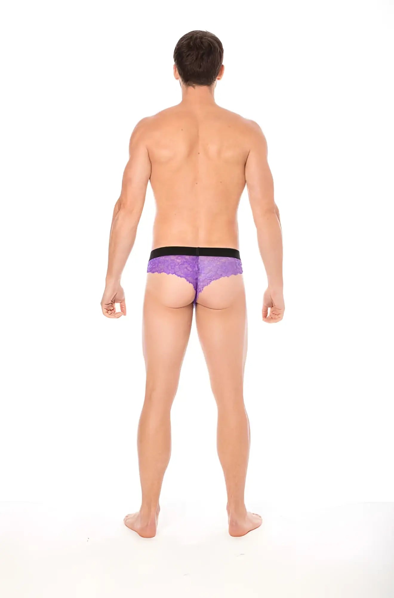 Lookme lace thong underwear purple lace briefs with black elastic waistband size l shown from front side