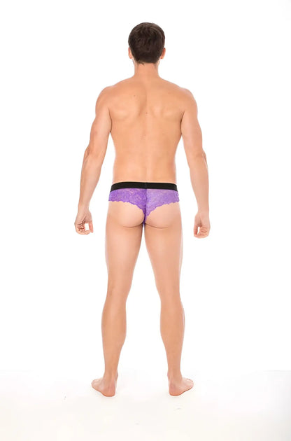 Lookme lace thong underwear purple lace briefs with black elastic waistband size l shown from front side