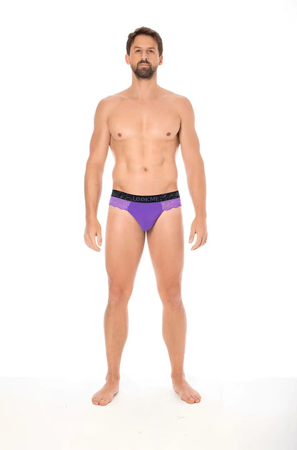 Purple lookme lace thong underwear with black waistband and white logo size l front view