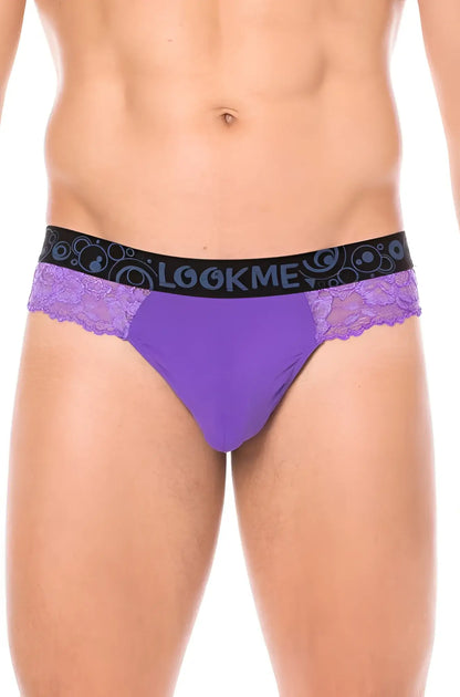 Lookme lace thong underwear purple with lace trim and black elastic waistband size l