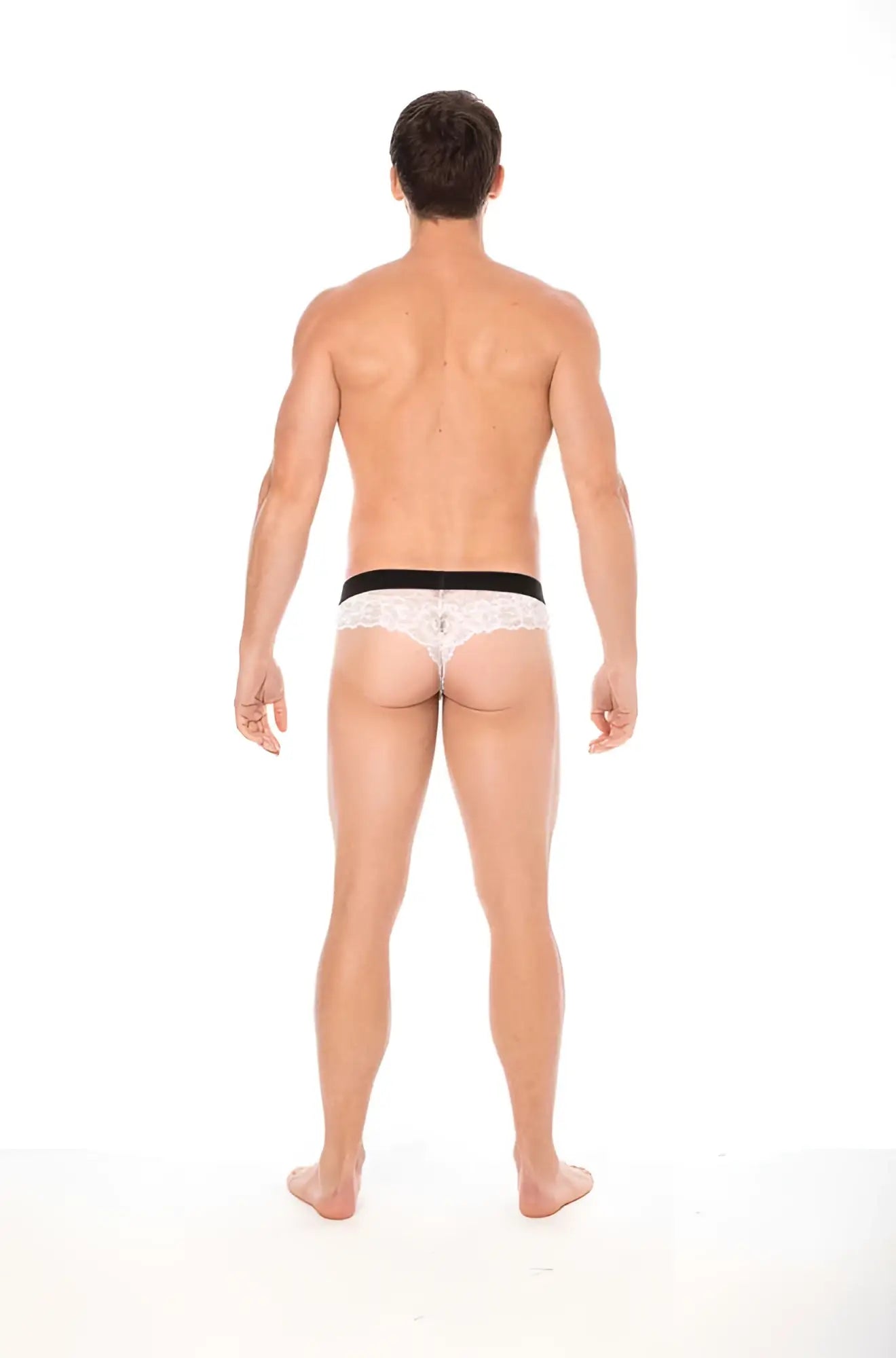 Lookme lace thong underwear white with black elastic waistband made of delicate lace size L visible from back side