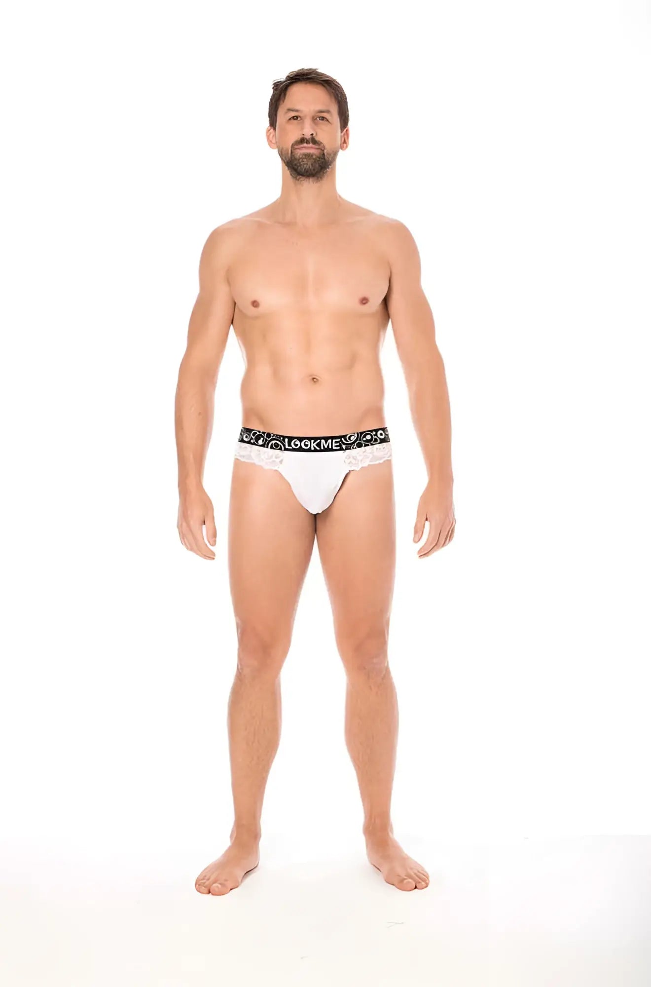 White lookme lace thong underwear with black elastic waistband and decorative pattern size L front view