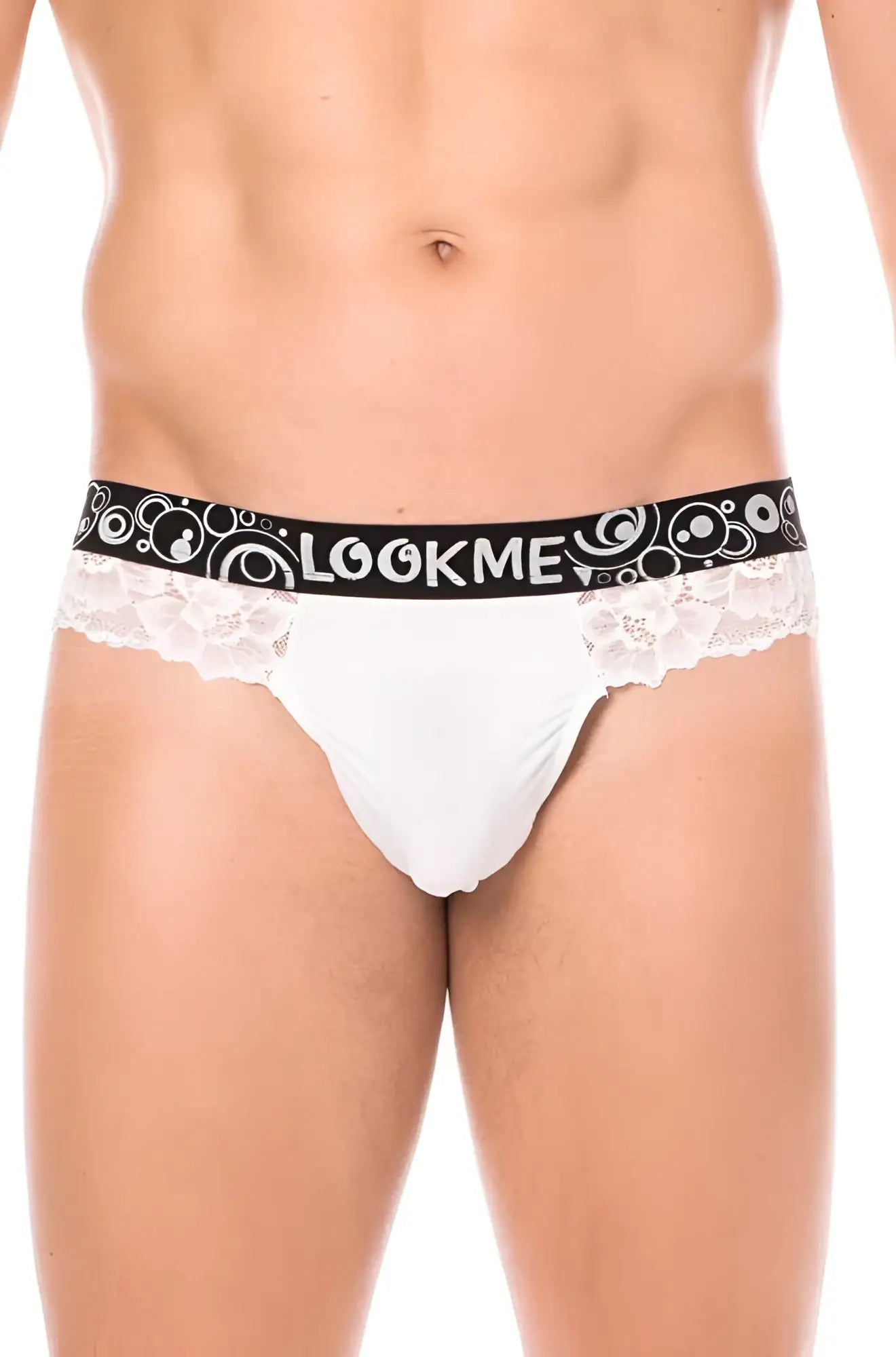 White lace-trimmed lookme briefs with black elastic waistband featuring brand name and circular patterns size l