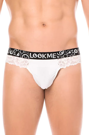 White lace-trimmed lookme briefs with black elastic waistband featuring brand name and circular patterns size l