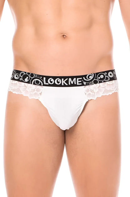White lace-trimmed lookme briefs with black elastic waistband featuring brand name and circular patterns size l