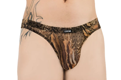 Lookme savanna thong underwear size L in brown and black leopard print mesh with lookme brand label on waistband