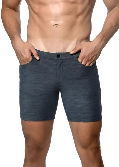 Dark heathered blue loopback stretch knit shorts with textured fabric button closure and side pockets