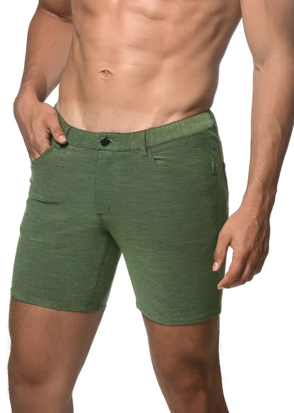 Loopback stretch knit short in green with textured fabric button closure and side pockets for casual wear