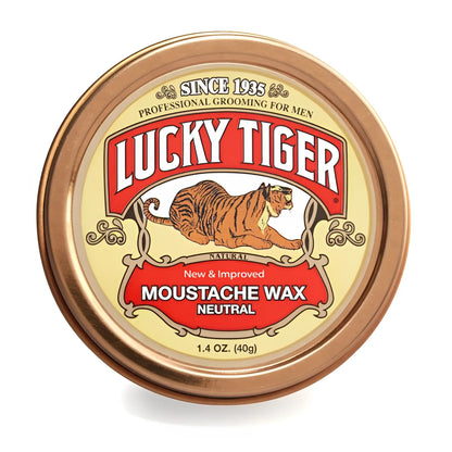 Lucky tiger moustache wax 1.5oz in a round gold metal tin with red and cream label featuring an illustrated tiger
