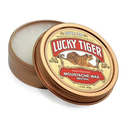 Lucky tiger moustache wax 1.5oz in a bronze metal tin with a vintage tiger label for grooming and styling