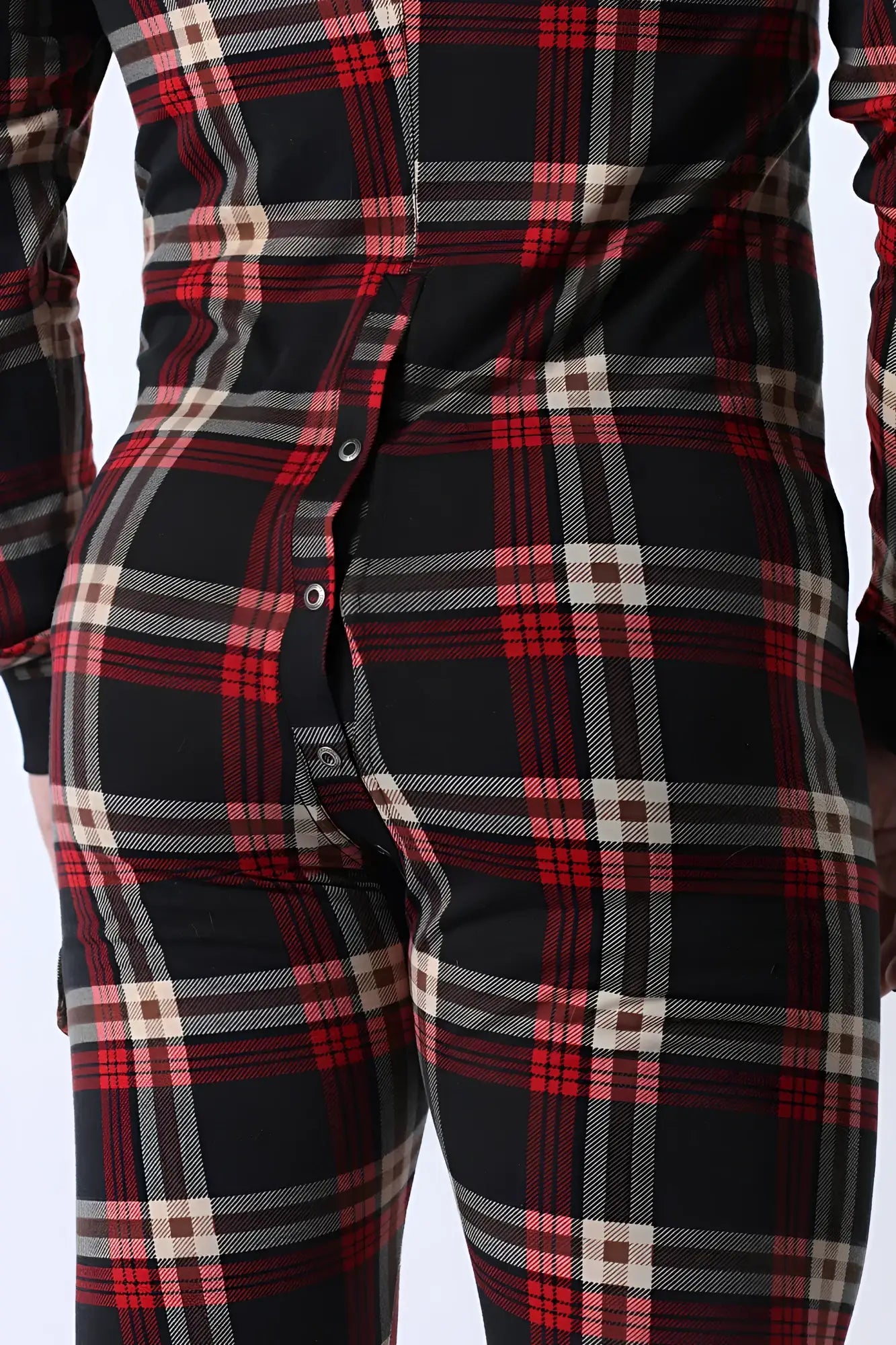 Black red and cream plaid lumber jacked union suit pajama onesie with button-down front for cozy wear
