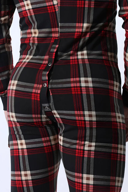 Black red and cream plaid lumber jacked union suit pajama onesie with button-down front for cozy wear
