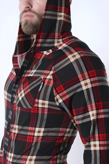 Red black and beige plaid hooded button-up lumber jacked union suit with branded patch on chest pocket