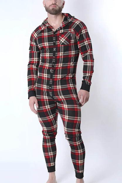 Red black and beige plaid hooded one-piece pajama union suit with button front design for cozy loungewear