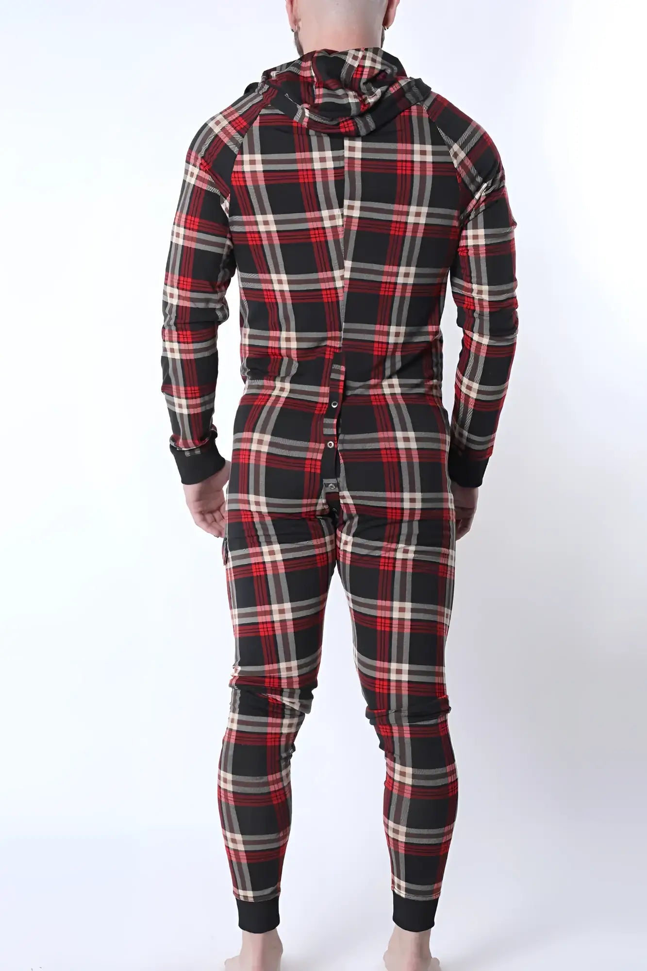Red black and beige plaid hooded one-piece pajama set lumber jacked union suit for cozy loungewear and sleepwear