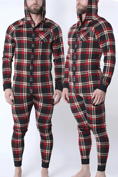 Lumber jacked union suit plaid hooded onesie in red black and beige with button-front closure for cozy wear