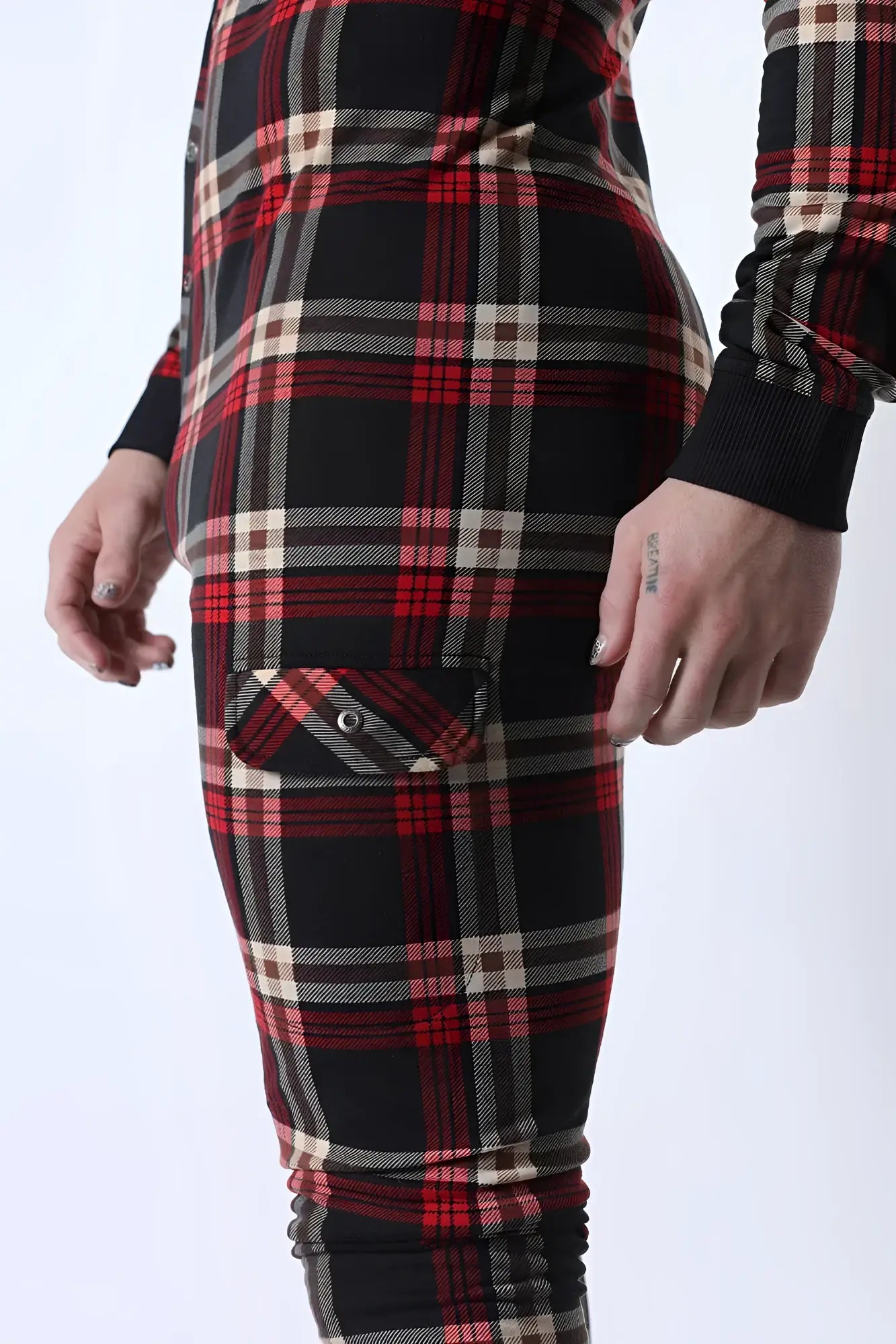 Lumber jacked union suit fitted red black and beige plaid leggings with front pocket and button closure
