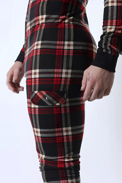 Lumber jacked union suit fitted red black and beige plaid leggings with front pocket and button closure