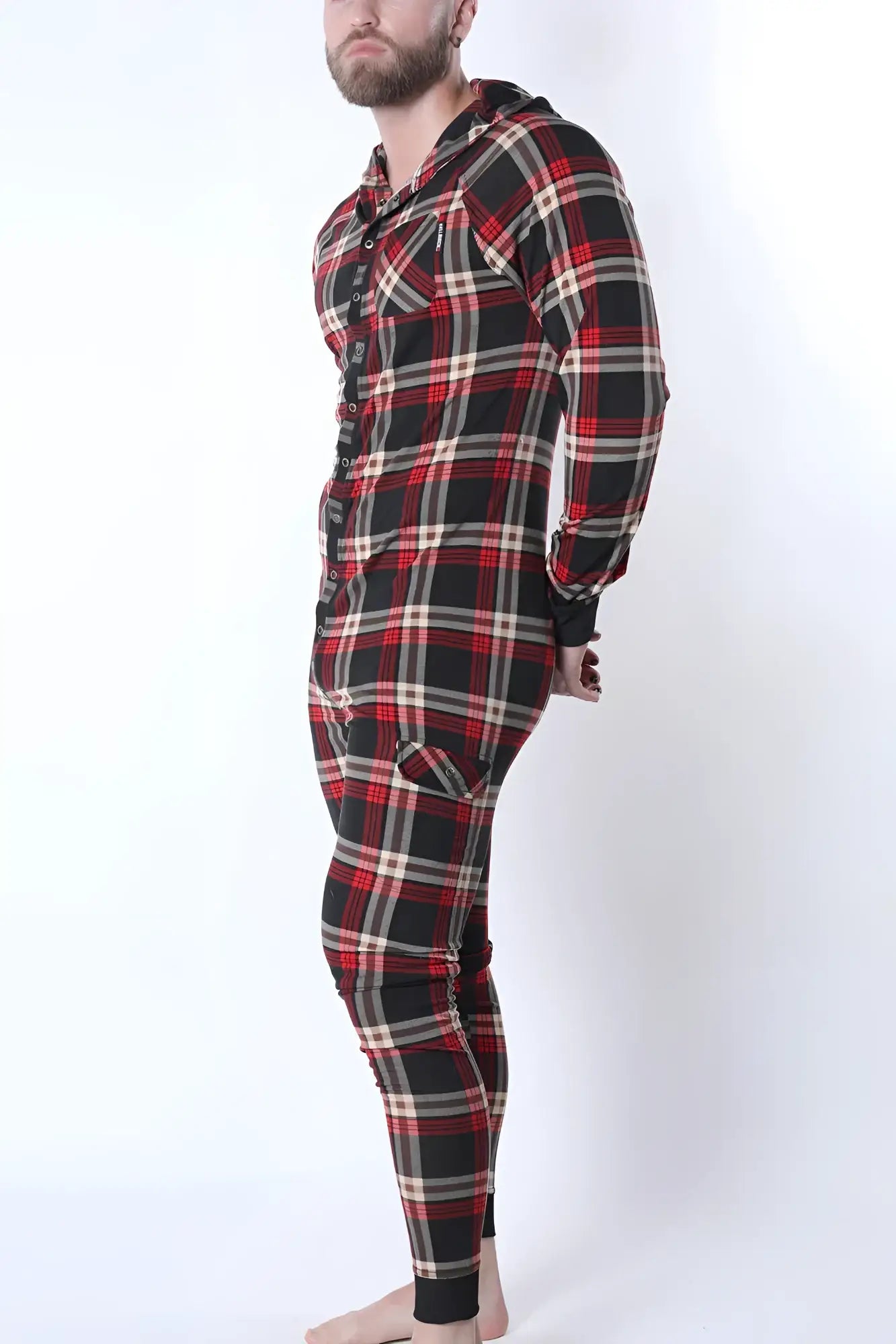 Lumber jacked union suit red black and beige plaid one-piece pajama suit with hood and front button closure