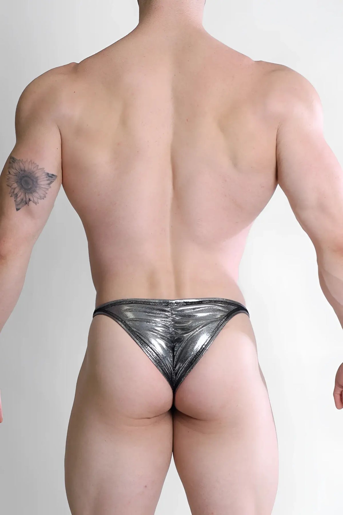 Luna scrunch-butt thong metallic silver shiny metallic silver with a sleek form-fitting design shown from the back