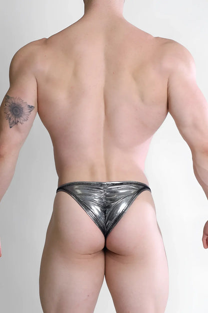 Luna scrunch-butt thong metallic silver shiny metallic silver with a sleek form-fitting design shown from the back