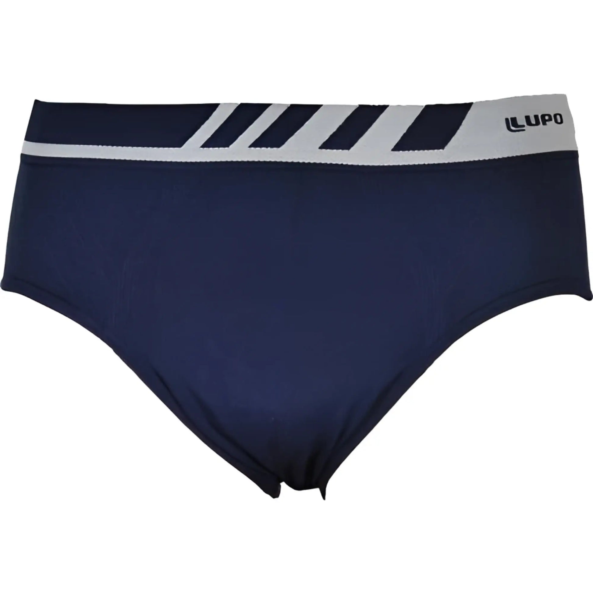 Navy blue lupo seamless microfiber briefs with a gray and black striped waistband size l front view