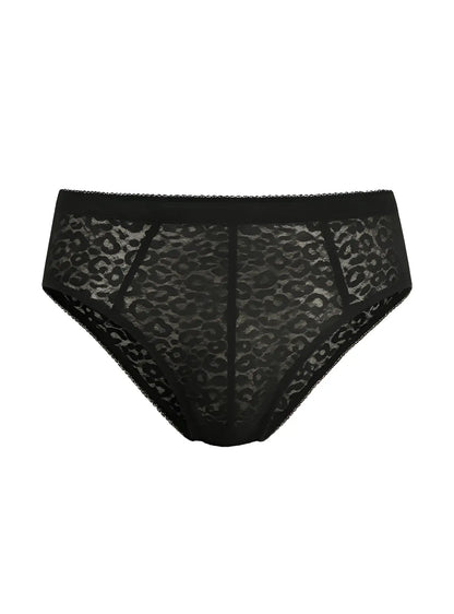 Black leopard-print lace briefs with solid black waistband luxury lace brief front view