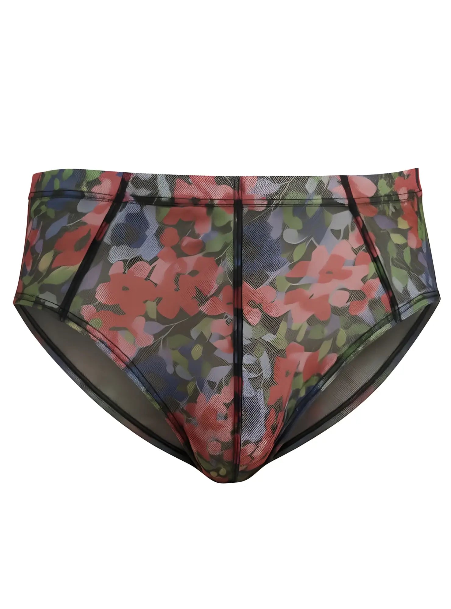 Luxury lace brief black mesh with vibrant pink red and green floral pattern on dark background front view