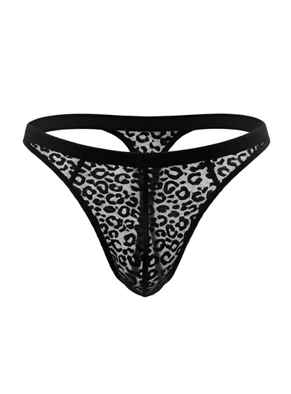 Luxury lace thong in black leopard-print lace with sheer mesh texture and reinforced elastic waistband shown from the back