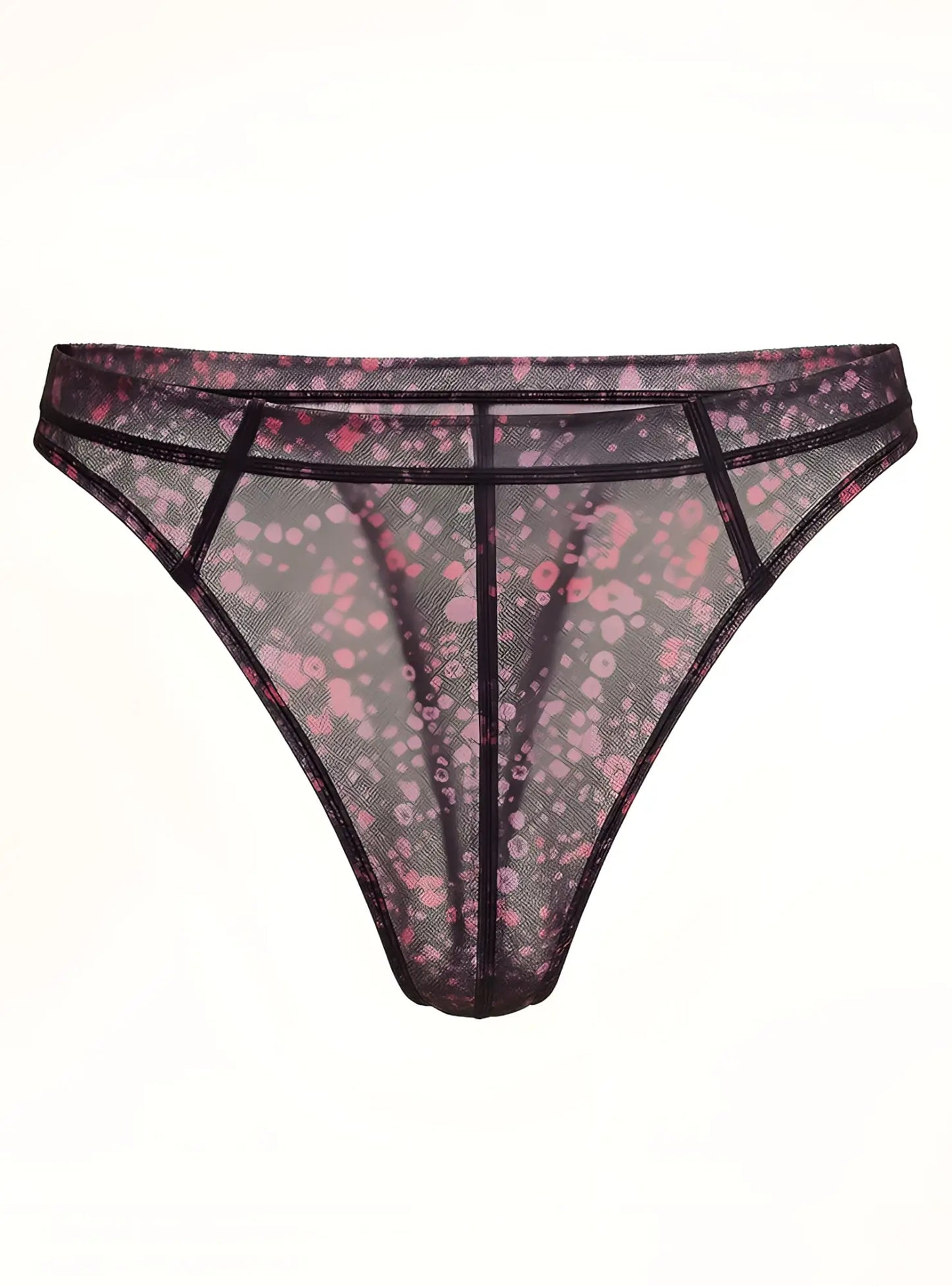 Luxury lace thong black mesh with pink floral pattern and reinforced black trim shown from the back side