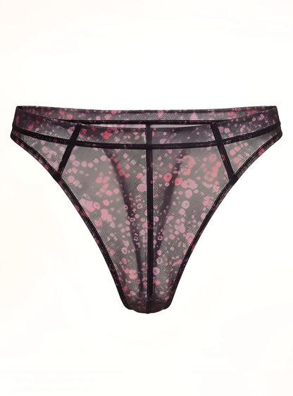 Luxury lace thong black mesh with pink floral pattern and reinforced black trim shown from the back side