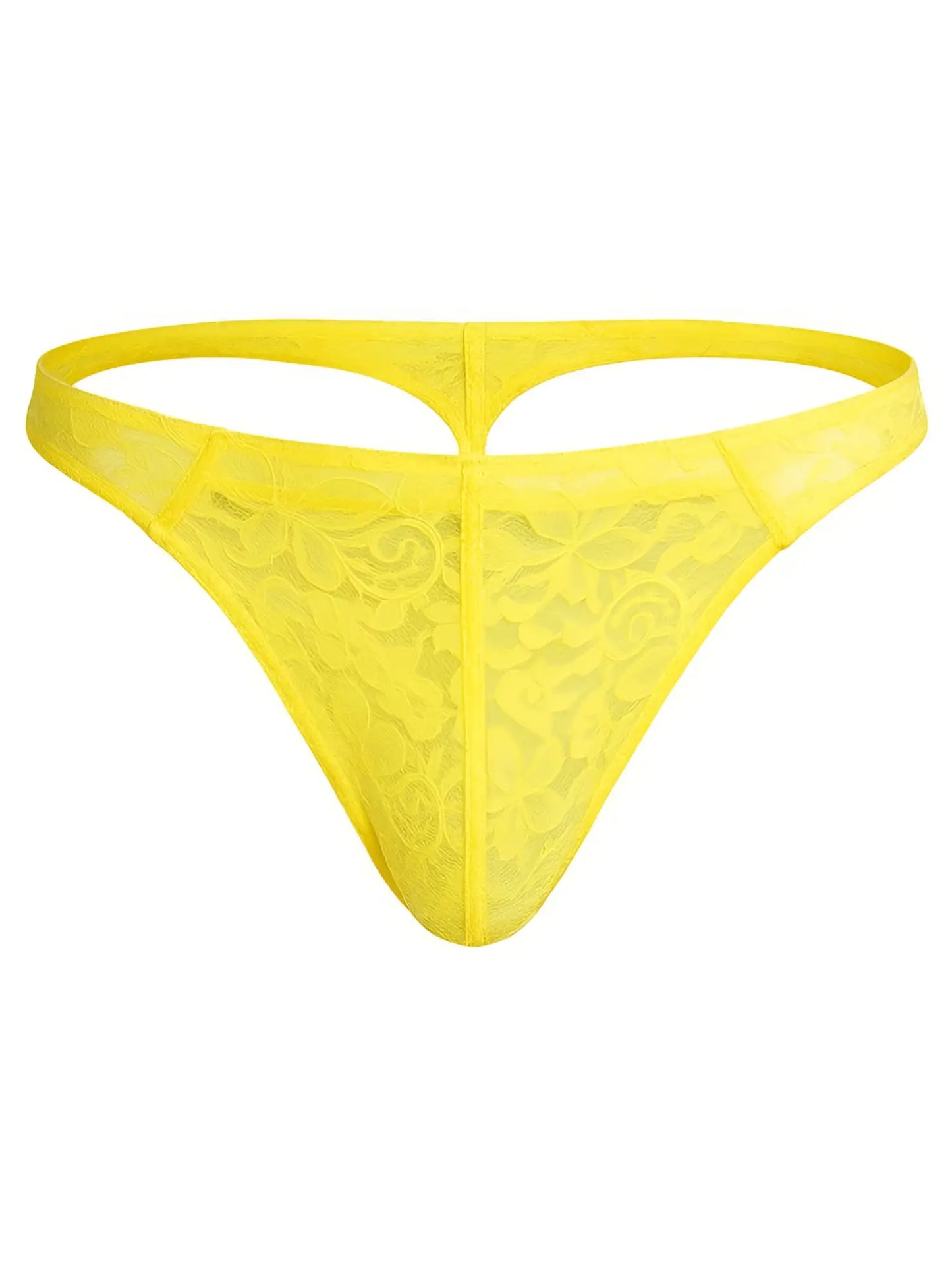 Luxury lace thong in bright yellow with delicate floral lace pattern and supportive seamless design