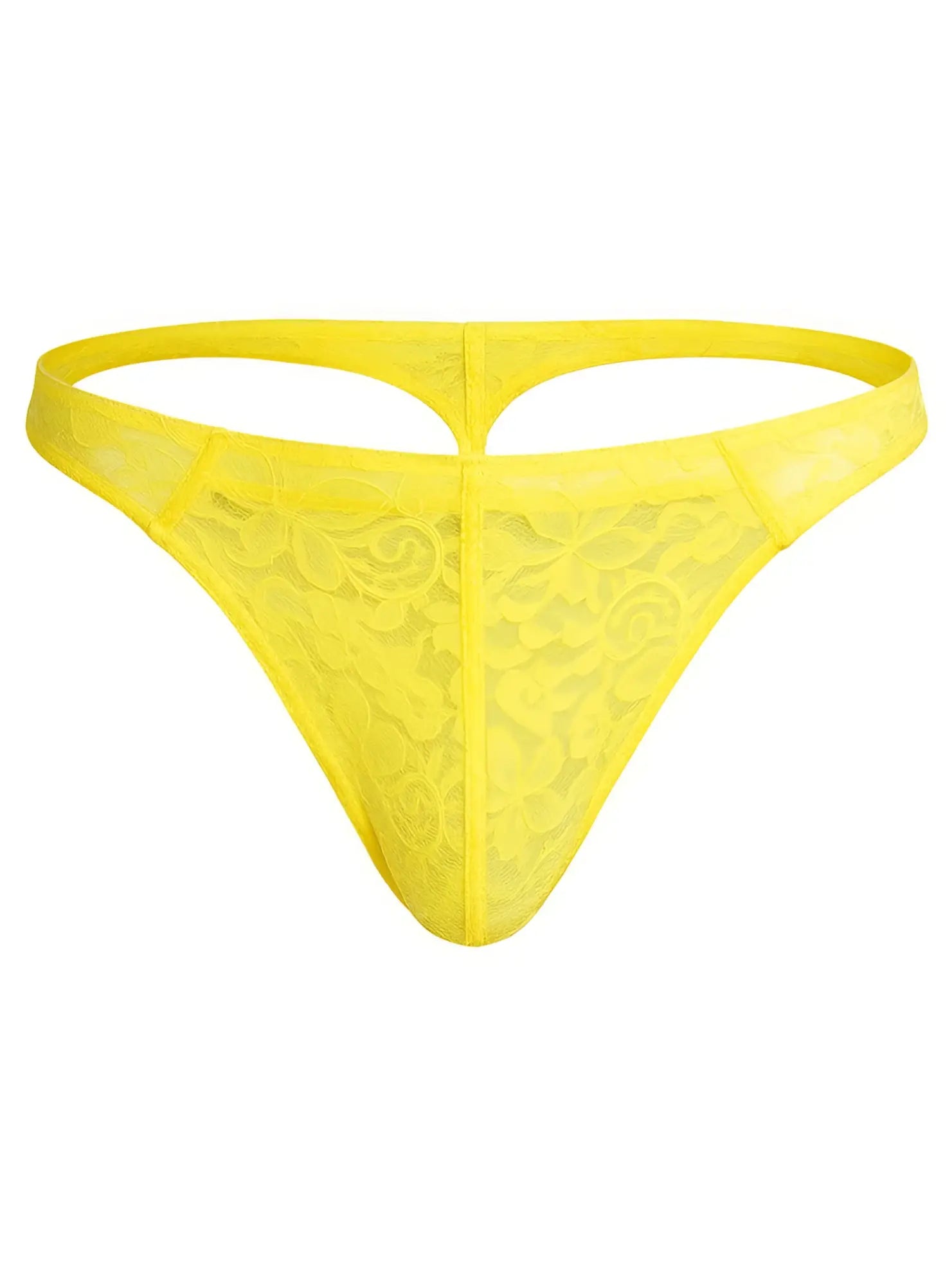 Luxury lace thong in bright yellow with delicate floral lace pattern and supportive seamless design