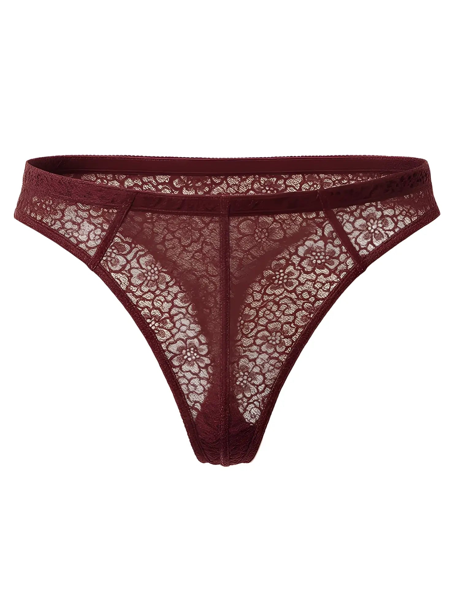 Luxury lace thong in maroon floral lace featuring a delicate intricate pattern and seamless construction